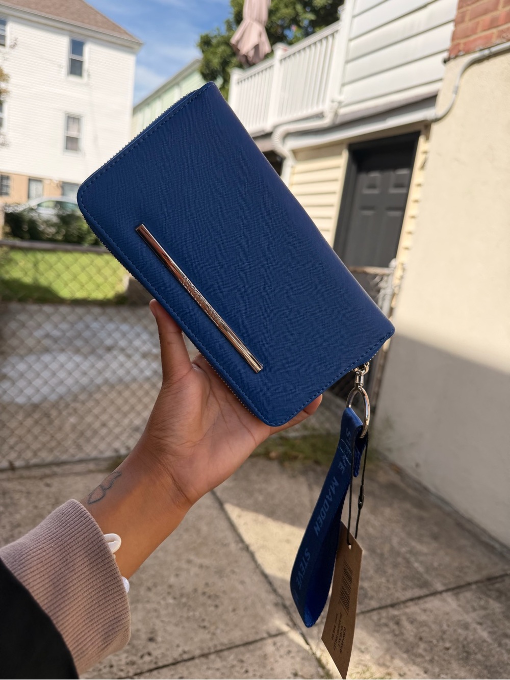 Steve Madden Blue Zip-Around Wristlet Wallet with Metal Accent